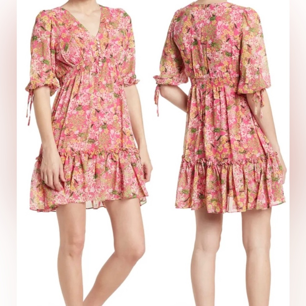 Taylor Pink and Orange Ruffled Puff Sleeve Mini Dress- Small